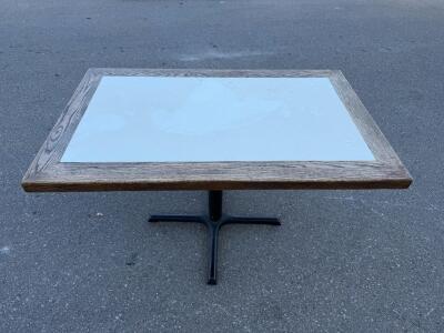 Rectangular Cafe Table 48"x30" Wood & Laminate Top, Black Metal Pedestal Base, Modern Style