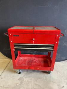 Red Steel Mechanic Tool Cart with Lock, 1 Drawer, Top Compartment, Shelf, Dual Handles, 4 Casters