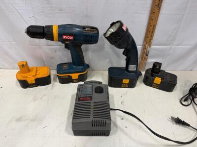 Ryobi 18V Cordless Drill P206, Flashlight L18100, Charger P117, 3 NiCd Batteries, Set