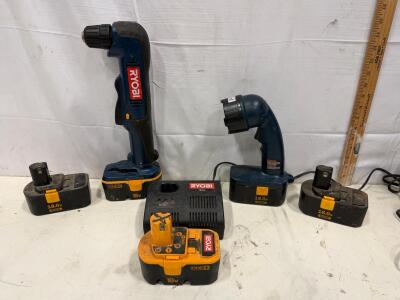 Ryobi 18V ONE+ P240 Right Angle Drill and P700 Flashlight with 3 Batteries and Charger