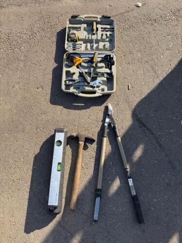 Multi-Purpose Hand Tool Kit with Case: Screwdrivers, Tape, Level, Hammer, Loppers, Adjustable Wrench