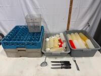 Assorted Commercial Kitchen Lot: Squeeze Bottles, Glass Rack, 8 Qt Pitcher, Bins, Utensils