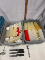 Assorted Commercial Kitchen Lot: Squeeze Bottles, Glass Rack, 8 Qt Pitcher, Bins, Utensils - 2
