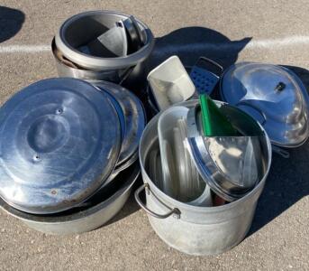 Commercial Cookware Set: 3 Large Stockpots with Lids, 2 Metal Wash Bins, Assorted Accessories