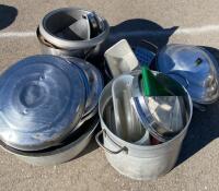Commercial Cookware Set: 3 Large Stockpots with Lids, 2 Metal Wash Bins, Assorted Accessories