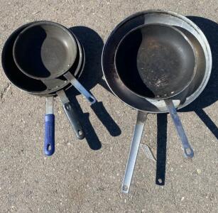 Set of 4 Commercial Frying Pans, Carbon Steel and Cast Iron, 14", 12", 10", 8", Vollrath Handle