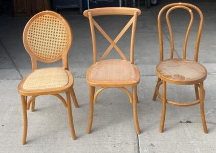 Set of 3 Wooden Dining Chairs &ndash; Mixed Styles, Cane/Rattan, X-Back, Bentwood Bistro, Light Finish