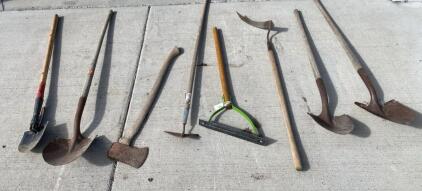 Assorted Hand Tools: Shovels, Hoes, Axe, Weed Cutters, Garden Rake &ndash; Wood & Steel, Used