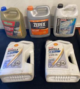Mixed Lot Automotive Fluids: Shell Rotella 10W-30 Diesel Oil, Zerex Dex-Cool, O'Reilly & Super Tech Coolant