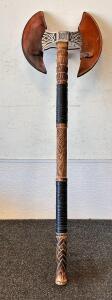 Double-Headed Viking Battle Axe, Etched Steel Blades, Carved Wood Handle, Leather Sheath (36" Total Height)