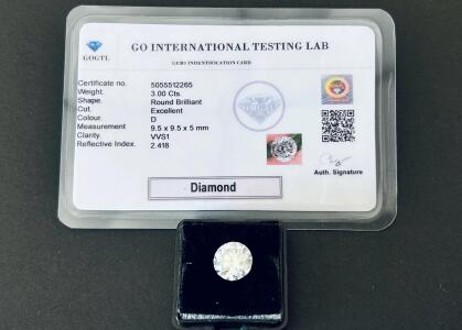 3.00 Carat D VVS1 Round Brilliant Diamond, Excellent Cut, GOGTL Certified, 9.5mm