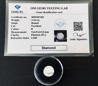 3.10 Carat Round Brilliant Diamond, D Color, Flawless Clarity, Excellent Cut, OMGT Certified