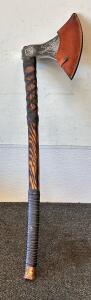 Viking-Style Hand Axe With Engraved High Carbon Steel Head And Leather-Wrapped Ashwood Handle (36 total Height)