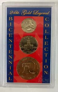 24kt Gold Layered U.S. Bicentennial Set: Eisenhower Dollar, Kennedy Half, Washington Quarter, COA