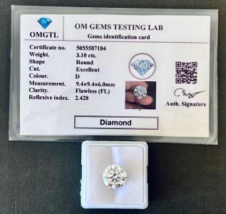 3.10 ct Round Lab-Grown Diamond, D Color, Flawless Clarity, Excellent Cut