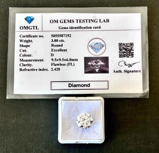 3.00 Carat Round Brilliant Diamond, D Color, Flawless Clarity, Excellent Cut, Certified