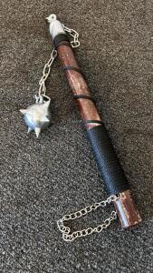 Medieval Flail Spiked Ball & Chain, Wood Handle, 6 Spikes, Approx. 28&rdquo; Length, Steel Ball