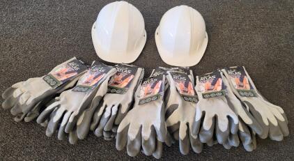 Bulk Lot: 2 White Hard Hats & 12 Pairs XL Atlas Nitrile Work Gloves, Jobsite Safety PPE (Shelf A)