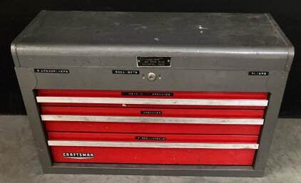 Vintage Craftsman 4-Drawer Steel Tool Chest with Assorted Hand Tools, Gray & Red, 26"x12"x15" (Conex 6)