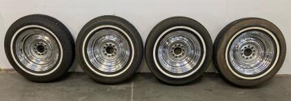 Set of 4 Coker Classic 787 P205/75R15 Whitewall Tires with 15" Chrome Steel Wheels