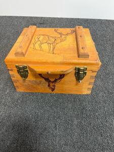 Handcrafted Pine Keepsake Box, Deer Pyrography Art, Signed D. Watkins 1999, Brass Latches