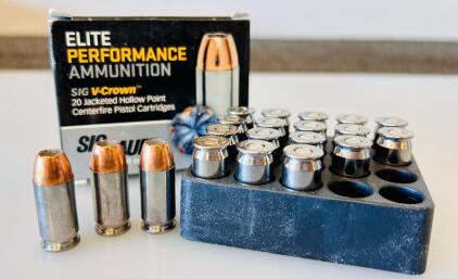 SIG SAUER Elite Performance .45 ACP 200gr JHP, 20 Rounds, V-Crown, 918 fps, Nickel-Plated Brass