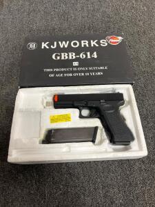 KJ Works GBB-614 Gas Blowback Airsoft Pistol, Polymer/Metal, 25rd Mag, SK588US, Orange Tip