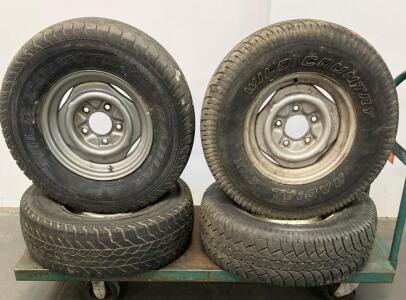 4 Wild Country Radial XTX 30x9.50R15LT Tires on 15" Steel Rims, All-Terrain, M+S, 104Q Light Truck