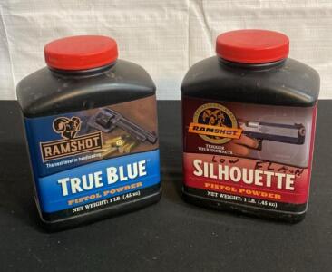 Ramshot True Blue & Silhouette 1 lb Pistol Powder Bottles, Spherical Double-Base, USA-Made