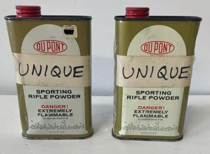 (2)Vintage Du Pont 8oz Sporting Rifle Powder Tin Cans with "UNIQUE" Label, Metal Red Cap (2x)