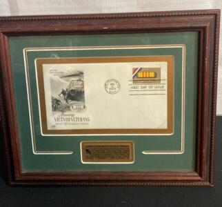 Framed 1979 Vietnam Veterans First Day Cover, 15&cent; Stamp, Arlington VA, Veterans Day Plaque ( Unable to Verify)