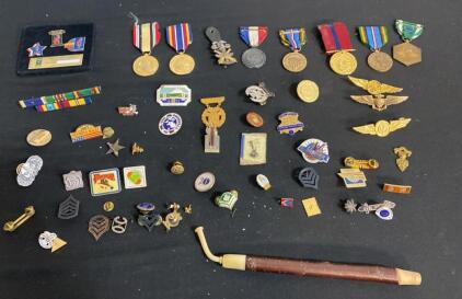 Vintage U.S. Military and Commemorative Medal and Pin Collection with Smoking Pipe