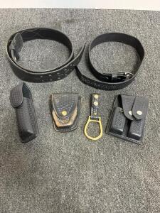 Complete Police Duty Belt Set Leather Basketweave, 2 Belts, 4 Pouches, Key Holder, Black (e)