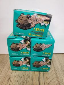 (5 Boxes) Brown Bear 7.62x39mm 123 Grain FMJ, Lacquered Steel Case, Russian, 20 Cartridge Boxes,100 Rounds