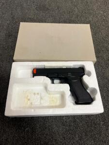 Airsoft Glock G2 Style Gas Blowback Pistol, Black, Orange Tip, Includes Box and Foam Tray
