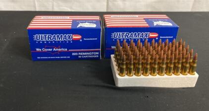 Ultramax .223 Remington Remanufactured Ammunition, 100 Rounds, 55gr FMJ, Brass Cases