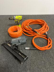 Ryobi 18V Brushless Drill, Pneumatic Framing Nailer, 3/8" 25ft/50ft Hybrid Air Hoses Kit(d)