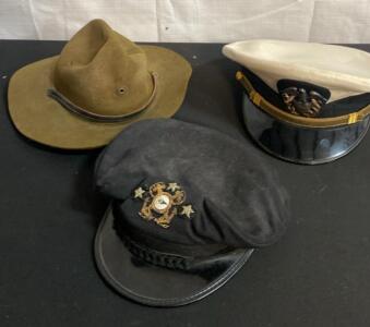 Vintage U.S. Military & Maritime Hat Lot: Campaign Hat, Merchant Marine Cap, U.S. Navy Officer Cap