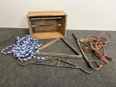 Vintage Home Dairies Wooden Crate with Triangle Dinner Bell, Hook, Lasso, Tack, Whip (d)