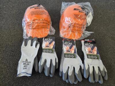 Ridgeline Bump Cap Orange 2-Pack & Showa Atlas 451 Gloves 4 Pairs 2 Size M & 2 Size L, Cold Weather PPE (Shelf B)