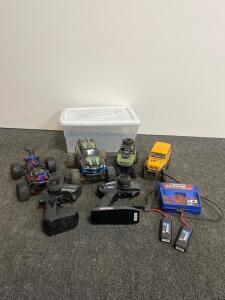 Lot of LaTrax Teton & Axial SCX24 RC Off-Road Trucks, 2 Remotes, Traxxas Charger, 2 Batteries (d)