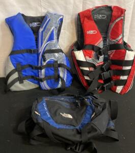 XO Adult Type III Life Jackets (Blue & Red) + The North Face Sport Hiker Waist Pack, Bundle Lot ( H )