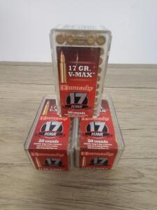 Hornady 17 HMR 17gr V-MAX Rimfire Ammunition, 3 Boxes (150 Rounds), Polymer Tip, 2550 fps
