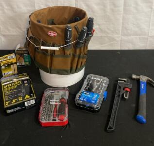 Bucket Boss Tool Organizer Set with Kobalt Hammer, HART Socket Set, Pipe Wrench, GFCI Cord (H)