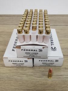Federal 9mm Luger 115 Grain FMJ Training Ammunition, 150 Rounds, Brass Case