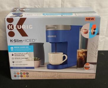 New in Box - Keurig K-Slim + ICED Single Serve Coffee Maker, 46 oz Reservoir, Hot & Iced Brew, Blue (H)