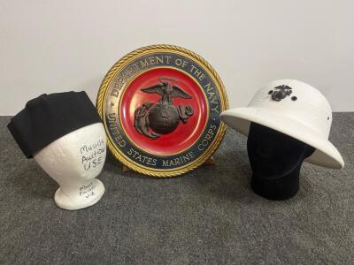USMC White Sun Helmet, Black Garrison Cap, & Plaque Lot &ndash; Eagle Globe & Anchor Insignia (d)