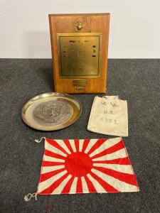 USMC MAG-36 Okinawa Plaque, Engraved Tray, 1970s Presentation Lot w/ Rising Sun Flag & Bag (d)