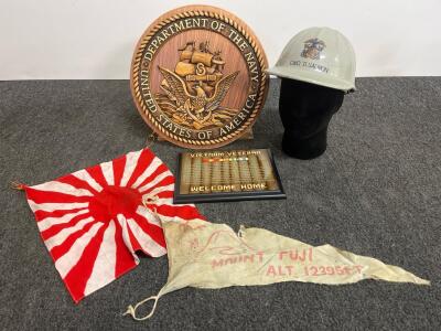 U.S. Navy Military Memorabilia Lot: Dept. of Navy Plaque, CWO Helmet, Flags, Vietnam Tribute(d)