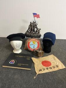 Military Memorabilia Lot: Iwo Jima Table Statue, 1968 Navy Da Nang Book, Cap, Marines Beanie, Plaque, Flag (c)